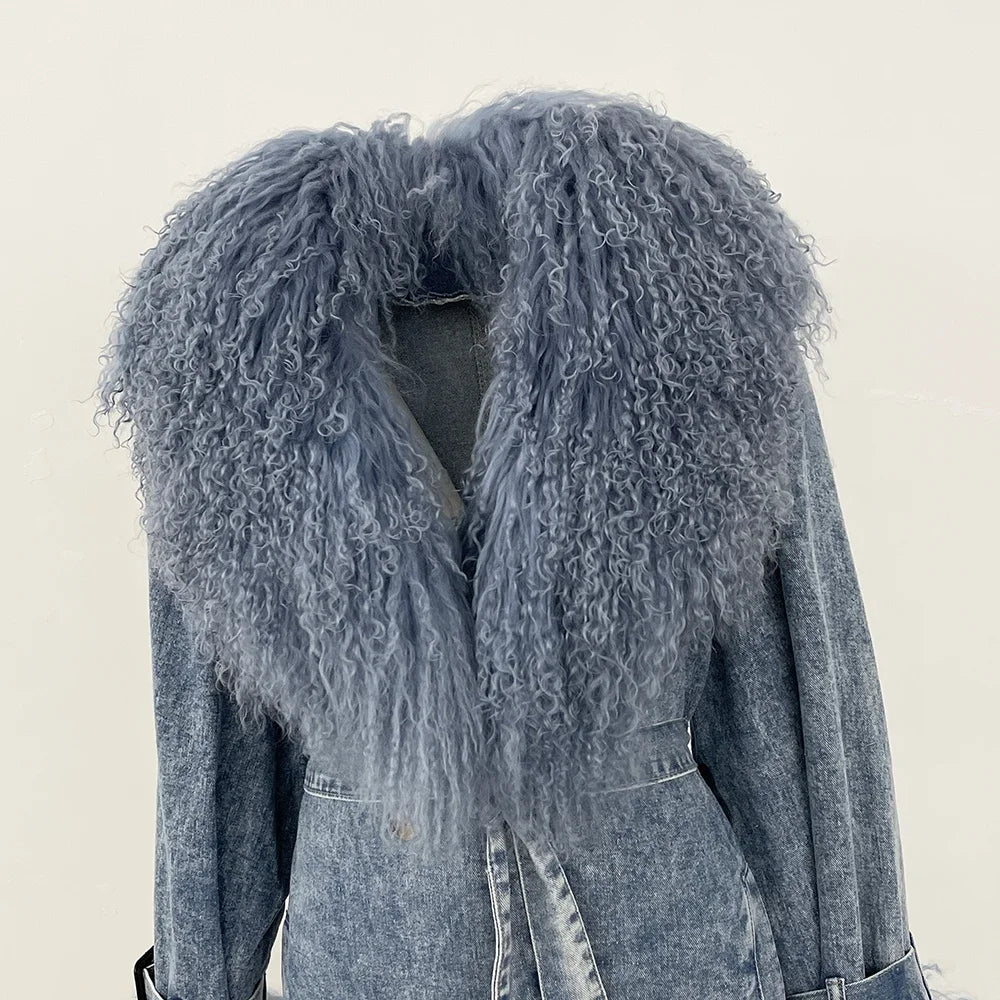 Gray coat with a fluffy hood on a plain background