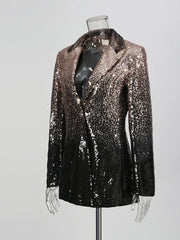 Black sequin jacket on a mannequin against a gray background