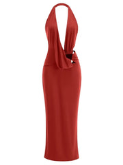 Halter Neck Cutout Buckle Detail Maxi Dress