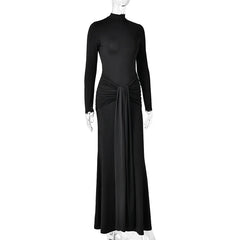 Long Sleeve Turtleneck Drape Tie Up Waist Detail Maxi Dress