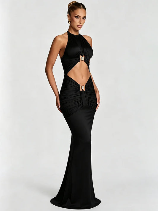 Black cutout halter maxi dress with metal lock detail