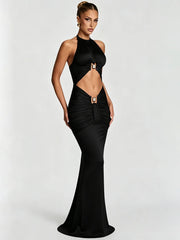 Black cutout halter maxi dress with metal lock detail