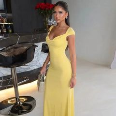 Cap Sleeve Cowl Neck Column Evening Dress