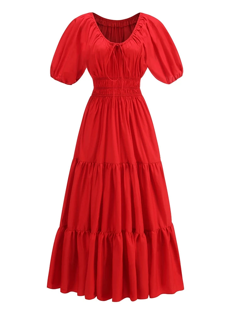 Red dress with puff sleeves on a white background