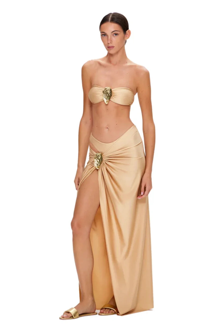 High-slit wrap skirt with gold hardware detail