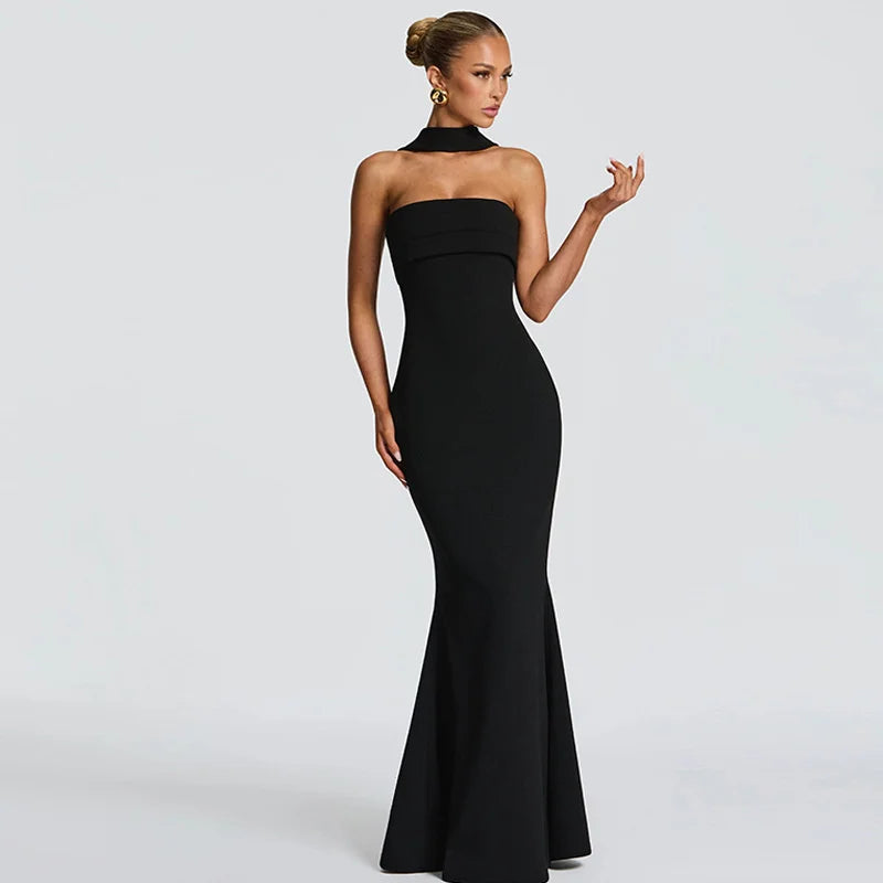 Elegant floor length dress shown in a refined silhouette