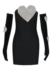 Women's Love Shaped Diamond Design Black Mini Dress With Gloves