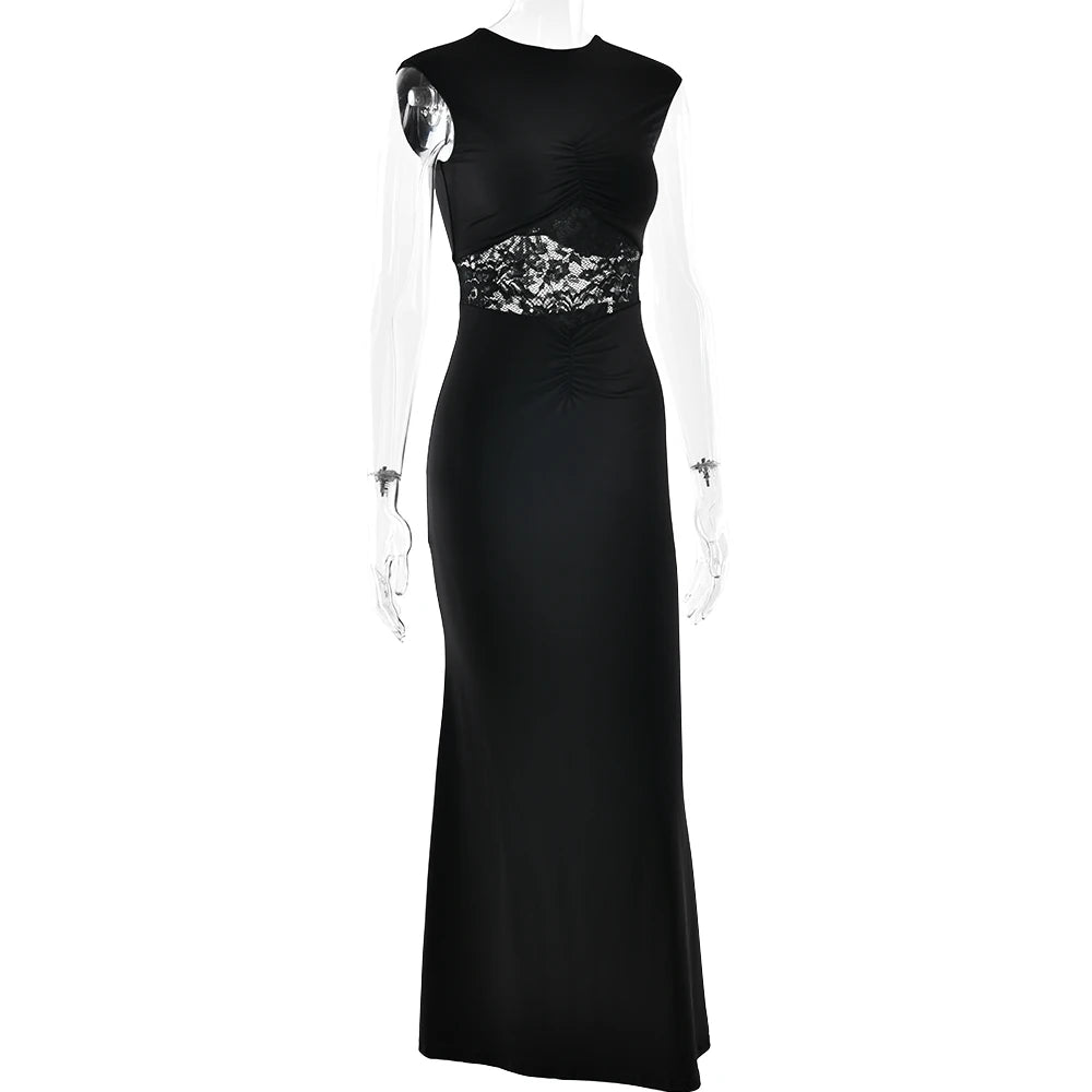 Black evening gown with lace detailing on a white background