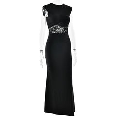 Black evening gown with lace detailing on a white background