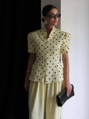 Polka Dot Puff Sleeve Mock Collar Top