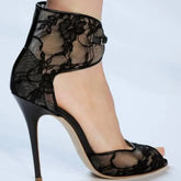 Black lace stiletto heel with peep toe and ankle strap