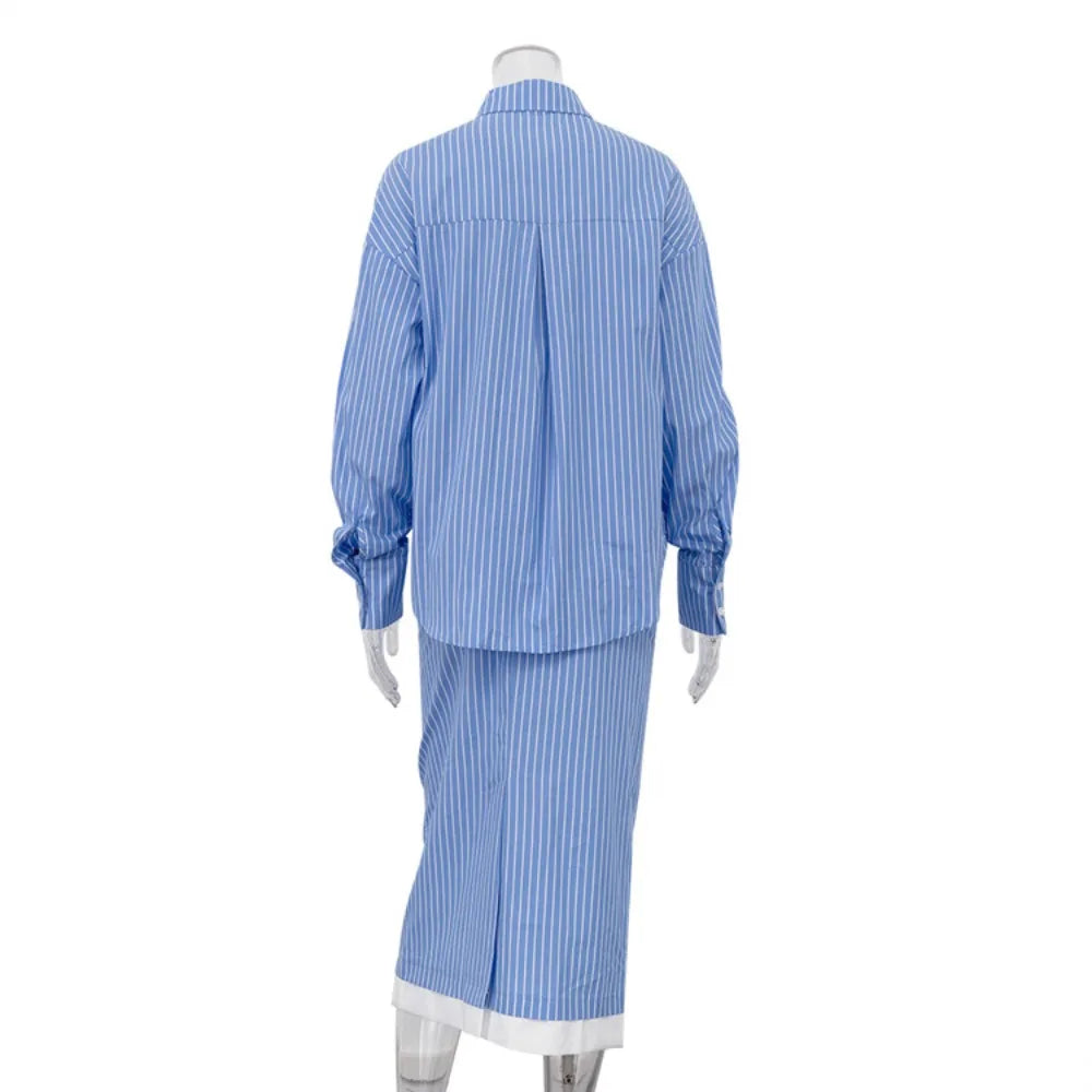 Mannequin wearing a blue striped shirt and pants set on a white background