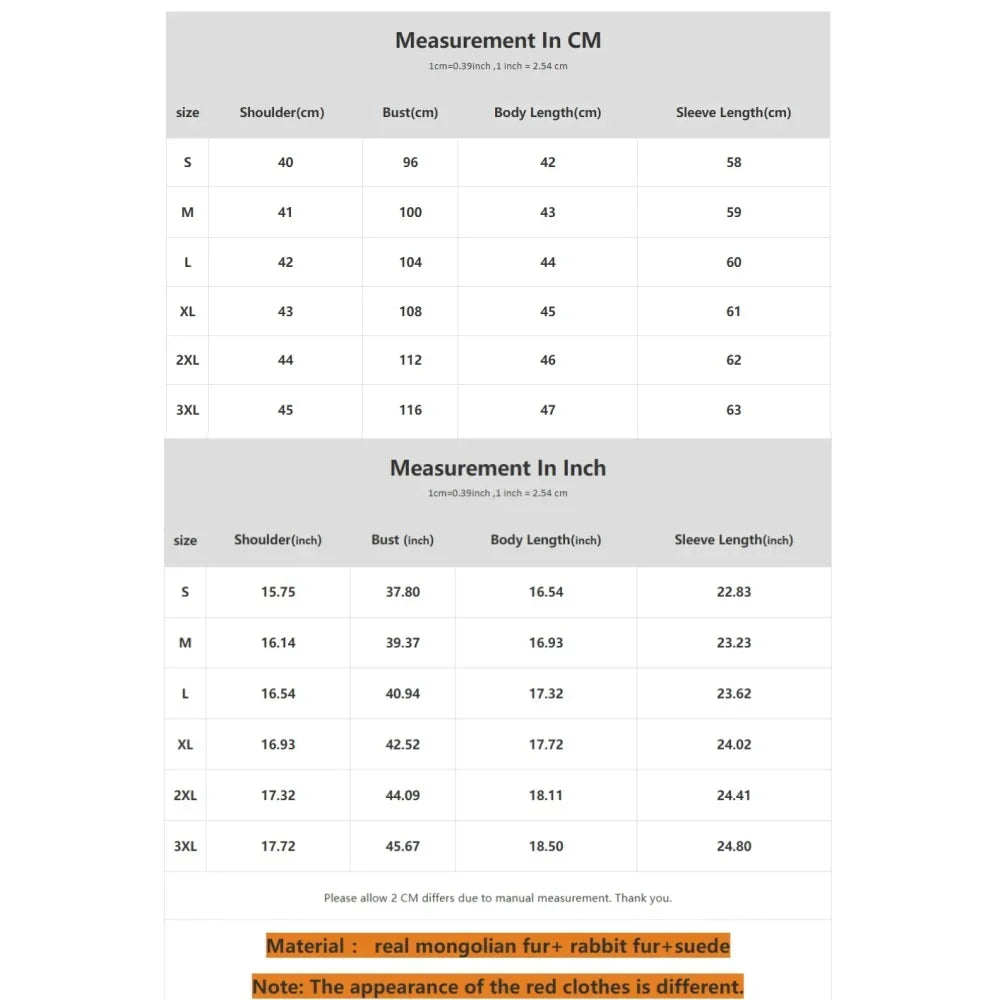 Measurement chart for clothing sizes in centimeters and inches.