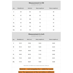 Measurement chart for clothing sizes in centimeters and inches.