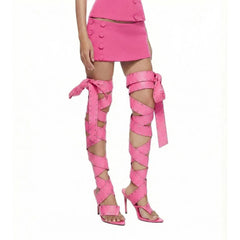 Studded Lace-Up Thigh-High Heels