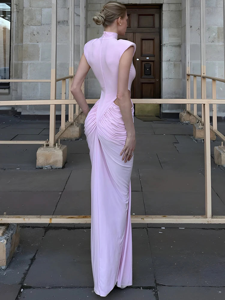Back view of pink cutout ruched mock neck sleeveless maxi dress