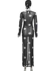 Black Long Sleeve Polka Dot Mesh Maxi Dress
