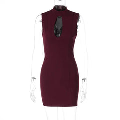 Maroon dress with a black halter neckline on a mannequin against a white background