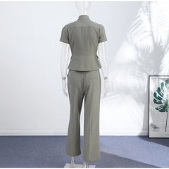 Short Sleeve Pinstripe Fitted Blazer and Wide Leg Pants Two-Piece Set