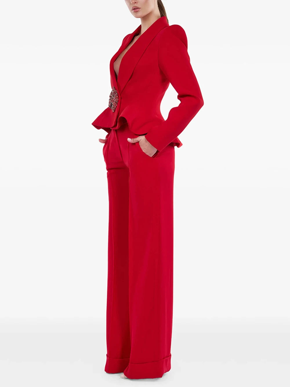 Red blazer and wide leg pant set side view