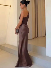 Satin One Shoulder Ruched Maxi Dress
