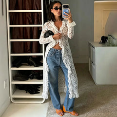 White sheer lace ruffle long sleeve top
