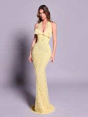Yellow Halter Bow Beaded Sheath Maxi Dress