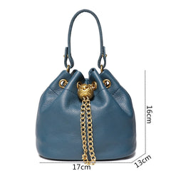 Blue leather drawstring bucket bag with dimensions