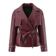 Belted lapel collar faux leather jacket in burgundy