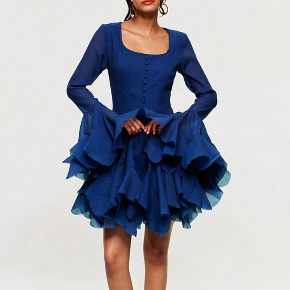 Royal Blue Ruffle Mini Dress with Long Sleeves and Square Neck Golden Atelier Royal Blue Ruffle Mini Dress with Long Sleeves and Square Neck Golden Atelier