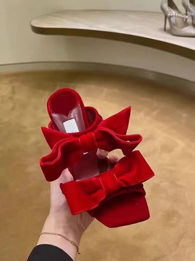 Red velvet double bow stiletto mules