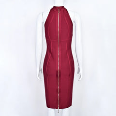 Red dress with a zipper on a white mannequin against a white background