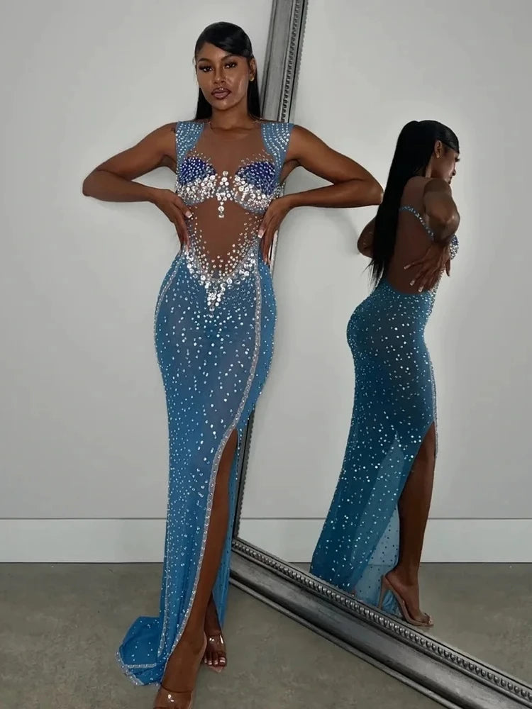 Rhinestone mesh column dress front view