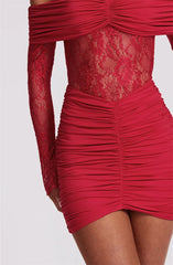 Off-shoulder Lace See Through Long Sleeve Ruched Mini Dress