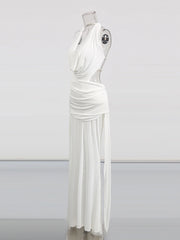 White Open Back Cowl Neck Drape Maxi Dress