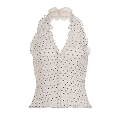 White Polka Dot Halter Neck Ruched Top