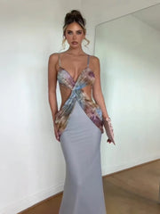 Model wearing a patchwork cutout v-neck maxi dress