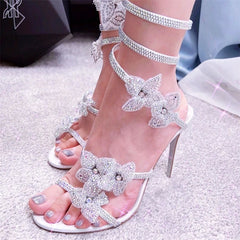 Crystal Flower Ankle Strap Heels