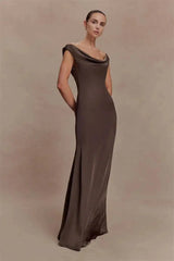 Off-Shoulder Cowl Neck Maxi Dress with Draped Front