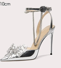 Silver Chain Ankle Stiletto Heels | Butterfly-Knot Party Sandals
