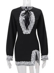 Black Long Sleeve Lace Hollow Out Split Mini Dress