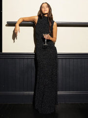 Shiny High-Neck Sleeveless Wrap Maxi Dress