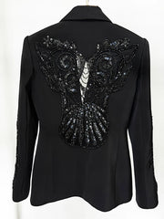 Black blazer with butterfly sequin design on the back against a white background