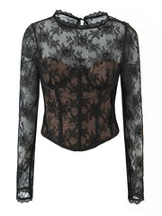 Black lace long-sleeve top on a white background