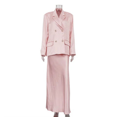 Pink Satin Blazer And Maxi Skirt Set