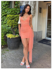 Orange Spaghetti Strap Pleated Bodycon Mini Dress