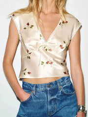 Floral print satin crop top with V-neck and lace trim