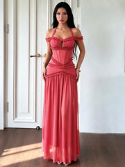 Ruffled Edge Slash Neck Frill Maxi Dress