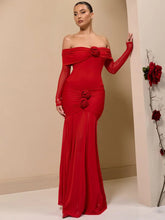 Off-shoulder rose-ruched maxi dress in bodycon fit