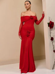 Off-shoulder rose-ruched maxi dress in bodycon fit